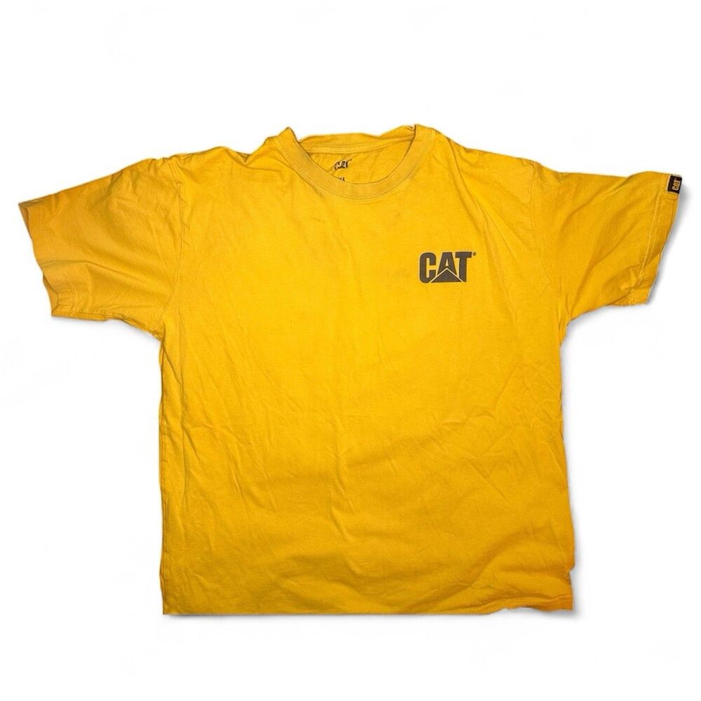 CAT Caterpillar Workwear T-Shirt Men’s XL Yellow Graphic Logo Tee Distressed